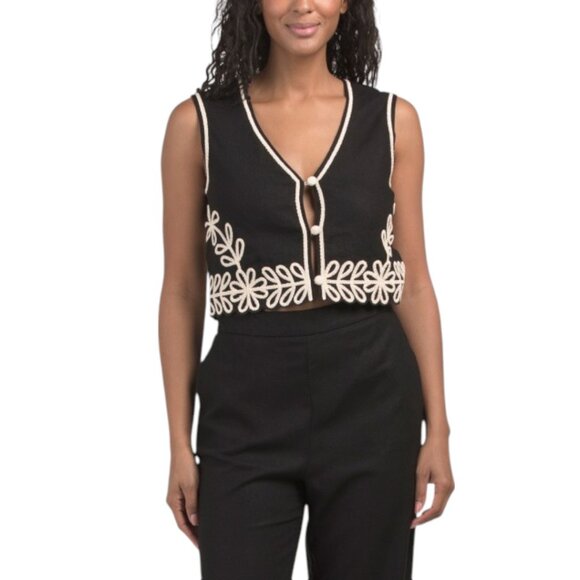 MAISON D'AMELIE Linen Blend Sleeveless Button Front Closure Fully Lined Vest - Picture 1 of 2